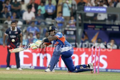 India skipper Suryakumar Yadav in action during the T20 World Cup match vs USA in Mumbai. (Express Photo by Narendra Vaskar)