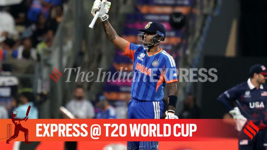 India skipper Suryakumar Yadav in action against USA during T20 World Cup 2026 in Mumbai. (Express photo by Narendra Vaskar)