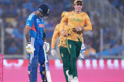 India's captain Suryakumar Yadav, left, reacts after losing his wicket during the T20 World Cup cricket match between India and South Africa in Ahmedabad. (AP Photo)