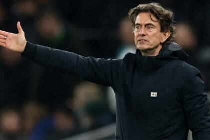 Tottenham's head coach Thomas Frank gestures during the English Premier League soccer match between Tottenham and Newcastle in London, Tuesday, Feb. 10, 2026. (AP Photo/Ian Walton)