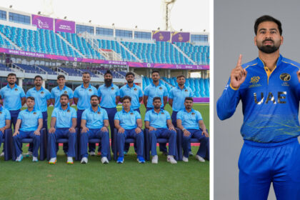 L-R: UAE cricket team for the T20 World Cup and their captain Muhammad Waseem. (PHOTO: Emirates Cricket/X & ICC)