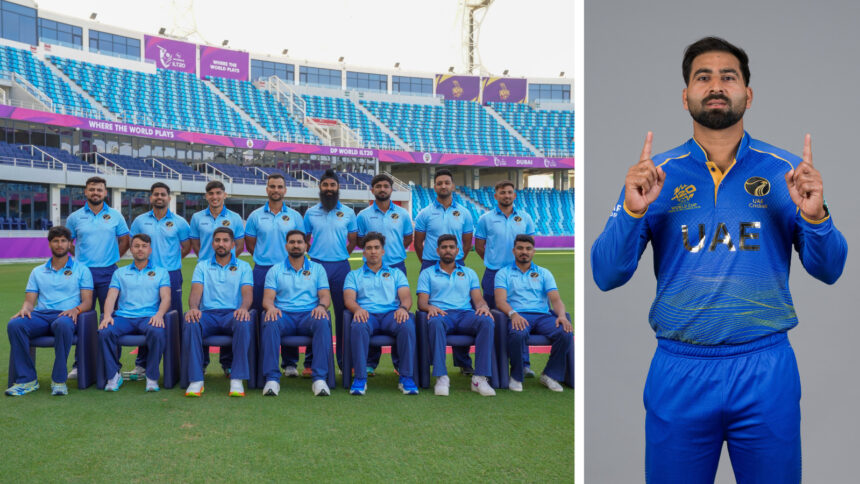 L-R: UAE cricket team for the T20 World Cup and their captain Muhammad Waseem. (PHOTO: Emirates Cricket/X & ICC)