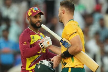 T20 World Cup 2026 Points Table Super 8: South Africa's Aiden Markram is congratulated by West Indies' Shai Hope after South Africa won their T20 World Cup cricket match in Ahmedabad. (AP Photo)