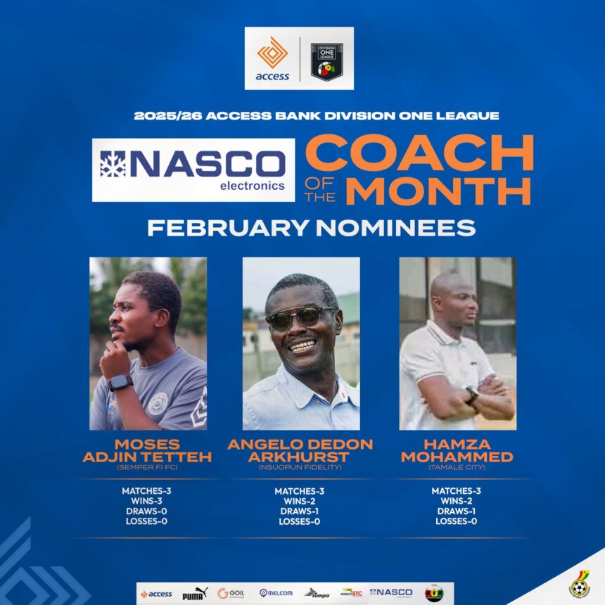 Three coaches have been shortlisted for the Access Bank Division One League NASCO Coach of the month award for February