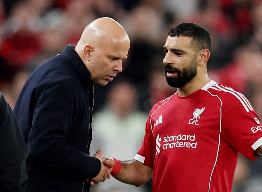 Liverpool manager Arne Slot with Mohamed Salah after he was substituted from the club's game on March 18.