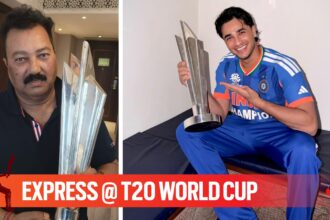 Abhishek Sharma and his father Raj Kumar Sharma (R) with T20 World Cup trophy. (CREDIT: Special Arrangement/Instagram)