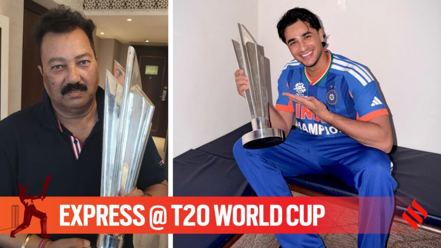 Abhishek Sharma and his father Raj Kumar Sharma (R) with T20 World Cup trophy. (CREDIT: Special Arrangement/Instagram)