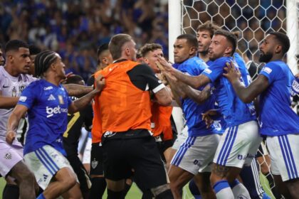 Players scuffle during Sunday's game between Cruzeiro and Atletico Mineiro.
