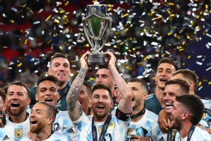 Argentina's Lionel Messi celebrates with the trophy and teammates after winning the Finalissima 2022. (PHOTO: FILE/Reuters)