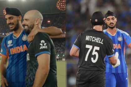 Arshdeep first apologised to Mitchell at the end of the over before sharing a chuckle with him after the match. (BlackCaps Instagram screenshot/PTI)
