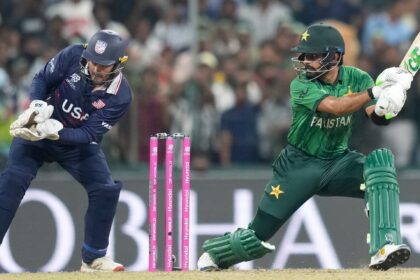 Pakistan's Babar Azam hits a boundary during the T20 World Cup cricket match between Pakistan and the United States in Colombo, Sri Lanka, Tuesday, Feb. 10, 2026. (AP Photo)