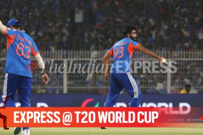 Indian ace pacer Jasprit Bumrah removed two set batters Shimron Hetmyer and Roston Chase in the 12th over against West Indies. (Express photo by Partha Paul)
