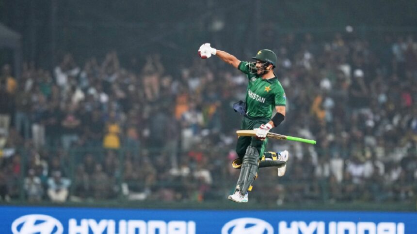 Pakistan's Sahibzada Farhan celebrates his century during the T20 World Cup cricket match between Pakistan and Sri Lanka in Pallekele, Sri Lanka, Saturday, Feb. 28, 2026. (AP Photo/Eranga Jayawardena)