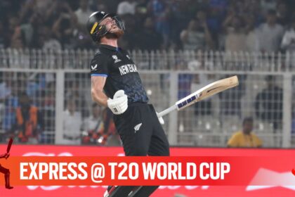 Finn Allen recorded the fastest T20 World Cup ton to help New Zealand thrash South Africa in the semifinal. (Express photo by Partha Paul)
