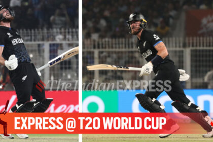 Finn Allen recorded the fastest T20 World Cup ton to help New Zealand thrash South Africa in the semifinal. (Express photo by Partha Paul)