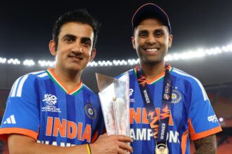 India head coach Gautam Gambhir and T20I captain Suryakumar Yadav after India won 2026 T20 World Cup in Ahmedabad. (PHOTO: ICC)