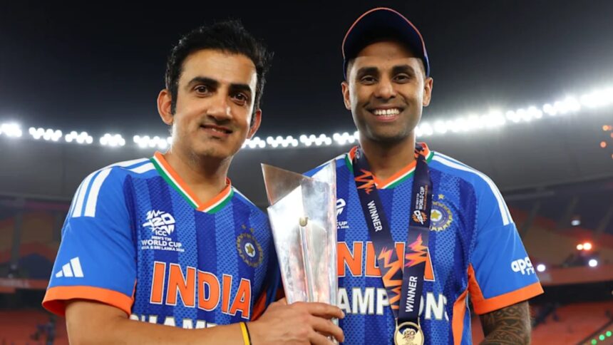 India head coach Gautam Gambhir and T20I captain Suryakumar Yadav after India won 2026 T20 World Cup in Ahmedabad. (PHOTO: ICC)