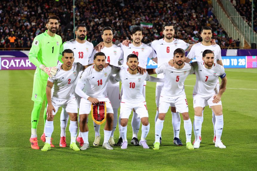 Iran's national team poses for a photo before its World Cup qualifier against Uzbekistan in March 2025.