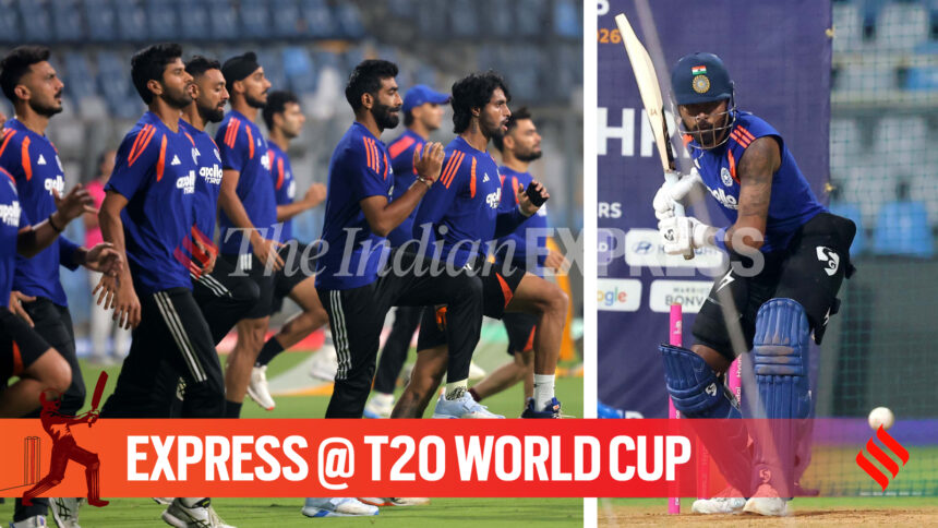 India team during practice session ahead of T20 World Cup 2026 semifinal in Mumbai. (Express photo by Narendra Vaskar)