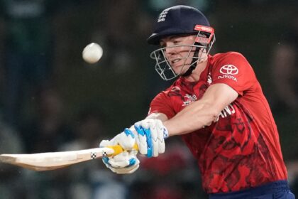 England's captain Harry Brook hits a six during the T20 World Cup cricket match between England and Pakistan in Pallekele, Sri Lanka, Tuesday, Feb. 24, 2026. (AP Photo)