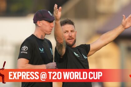 England coach Brendon McCullum, right, chats with England's captain Harry Brook during a training session ahead of their T20 World Cup cricket semi final match against India in Mumbai, Wednesday, March 4, 2026.(AP Photo)
