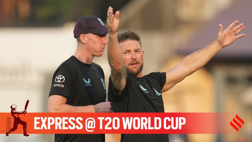 England coach Brendon McCullum, right, chats with England's captain Harry Brook during a training session ahead of their T20 World Cup cricket semi final match against India in Mumbai, Wednesday, March 4, 2026.(AP Photo)