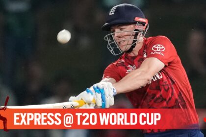 England's captain Harry Brook hits a six during the T20 World Cup cricket match between England and Pakistan in Pallekele, Sri Lanka, Tuesday, Feb. 24, 2026. (AP Photo)