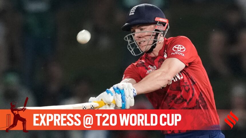 England's captain Harry Brook hits a six during the T20 World Cup cricket match between England and Pakistan in Pallekele, Sri Lanka, Tuesday, Feb. 24, 2026. (AP Photo)