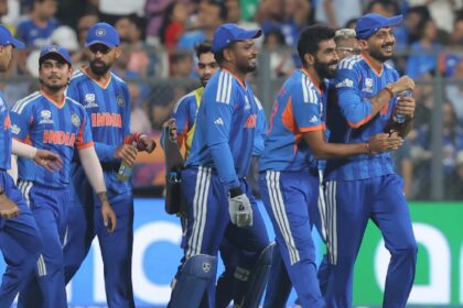 India's gamechangers against England in the T20 World Cup semi-final, Sanju Samson, Jasprit Bumrah and Axar Patel, lead the team off the ground at Mumbai's Wankhede Stadium. (Express photo by Narendra Vaskar)