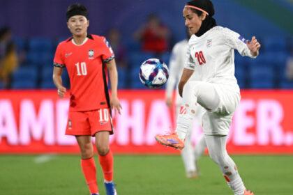 Iran's Sara Didar attempts to control the ball during the Women's Asia Cup soccer match between Iran and South Korea on the Gold Coast, Australia, Monday, March 2, 2026. (Dave Hunt/AAPImage via AP)