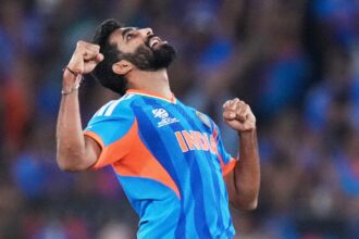 India's Jasprit Bumrah celebrates the wicket of New Zealand's Matt Henry during the T20 World Cup cricket final match between India and New Zealand in Ahmedabad, India, Sunday, March 8, 2026. (AP Photo)