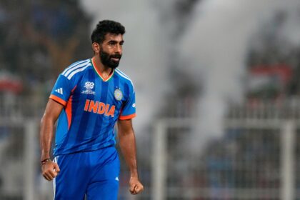 India's Jasprit Bumrah celebrating the wicket of Roston Chase during the T20 World Cup 2026 match vs West Indies. (PHOTO: AP)