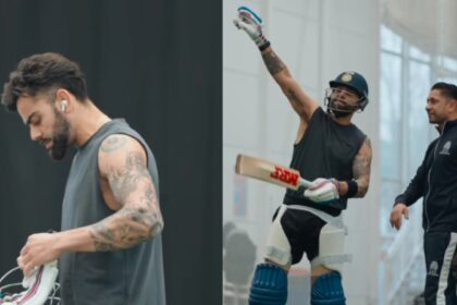 IPL 2026: Virat Kohli can be seen unfurling his trademark shots at an indoor facility while in discussion with Gujarat Titans’ assistant coach Naeem Amin. (Instagram)