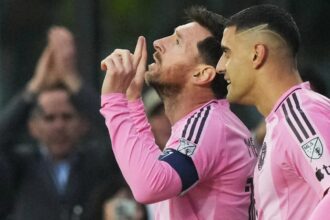 Inter Miami forward Lionel Messi gestures after scoring his 900th goal during a CONCACAF Champions Cup Round of 16 football match against Nashville. (PHOTO: AP)