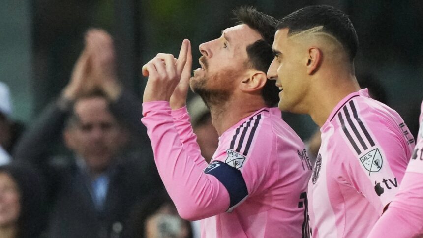 Inter Miami forward Lionel Messi gestures after scoring his 900th goal during a CONCACAF Champions Cup Round of 16 football match against Nashville. (PHOTO: AP)