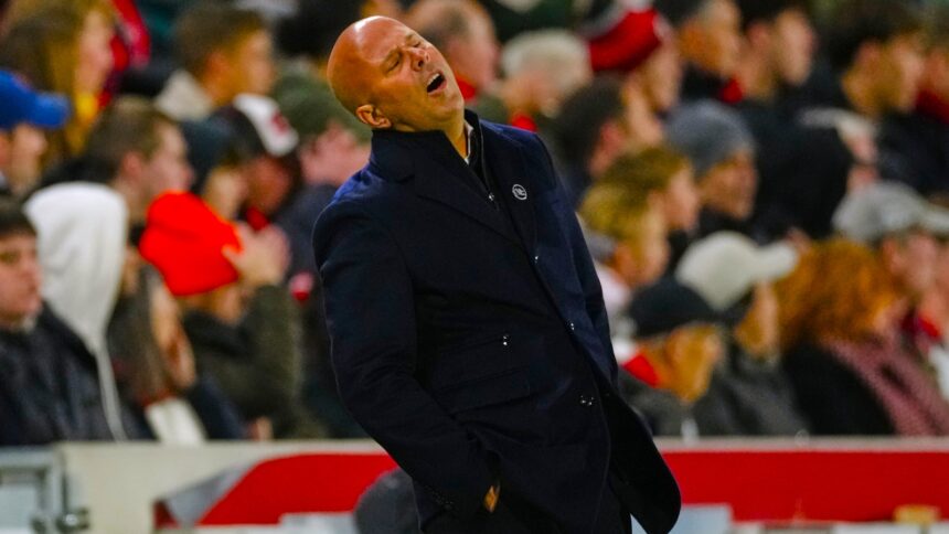 Liverpool's manager Arne Slot reacts during the Premier League soccer match between Brentford and Liverpool in London, Saturday, Oct. 25, 2025. (AP Photo)