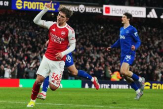 Arsenal's Max Dowman celebrates after scoring a goal against Everton during Premier League match. (PHOTO: AP)