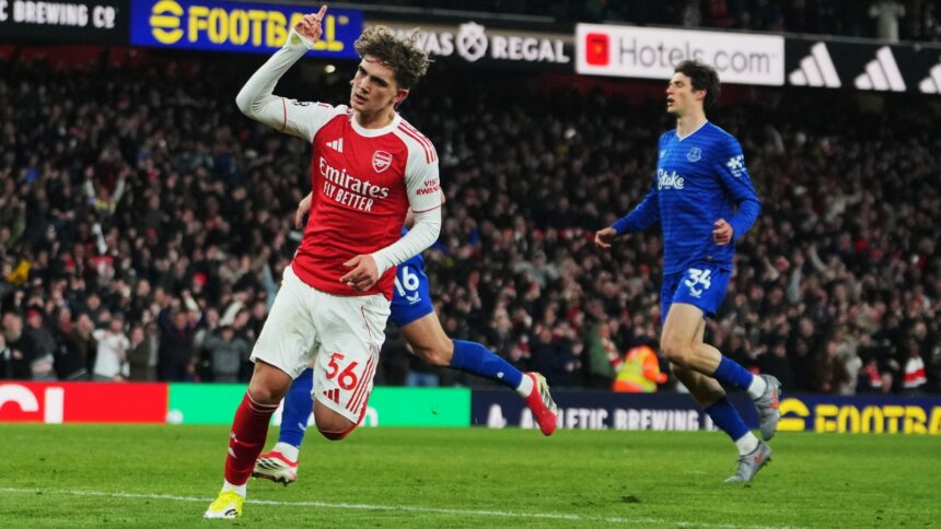 Arsenal's Max Dowman celebrates after scoring a goal against Everton during Premier League match. (PHOTO: AP)