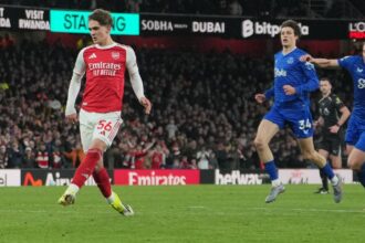 Arsenal's Max Dowman scores during the English Premier League soccer match between Arsenal and Everton in London, England, Saturday, March 14, 2026. (AP Photo)