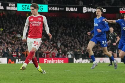 Arsenal's Max Dowman scores during the English Premier League soccer match between Arsenal and Everton in London, England, Saturday, March 14, 2026. (AP Photo)