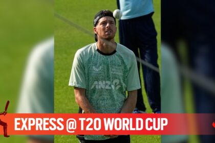 New Zealand skipper Mitch Santner in action during the practice session ahead of the T20 World Cup 2026 semifinal in Kolkata. (PHOTO: AP)