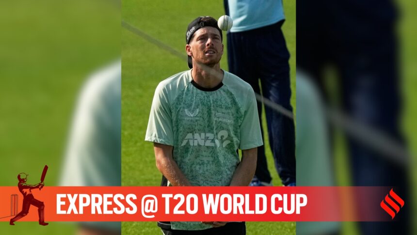 New Zealand skipper Mitch Santner in action during the practice session ahead of the T20 World Cup 2026 semifinal in Kolkata. (PHOTO: AP)