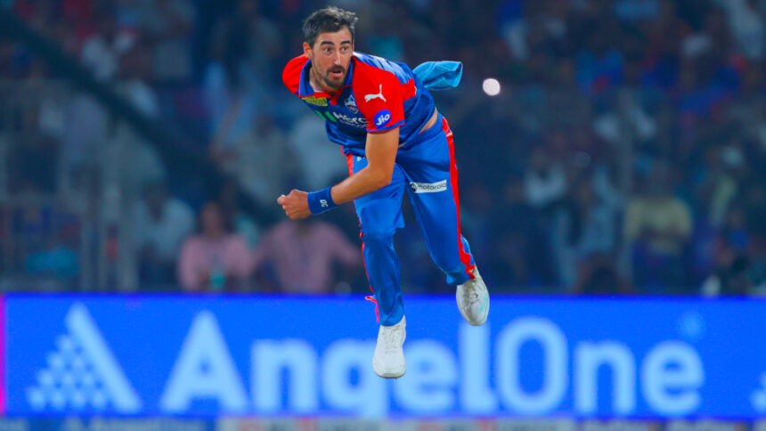 Mitchell Starc of Delhi Capitals bowls in the IPL 2025 match against Kolkata Knight Riders at the Arun Jaitley Stadium in Delhi. (Photo: Sportzpics for IPL)