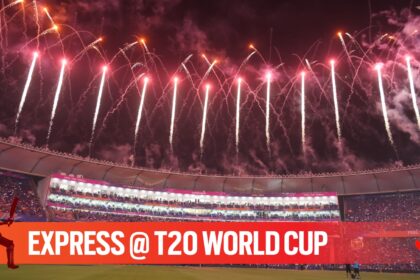 Fireworks light up the sky during the T20 World Cup cricket final match between India and New Zealand in Ahmedabad, India, Sunday, March 8, 2026. (AP Photo)