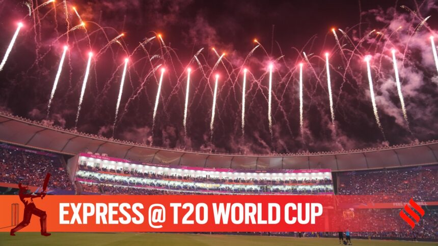 Fireworks light up the sky during the T20 World Cup cricket final match between India and New Zealand in Ahmedabad, India, Sunday, March 8, 2026. (AP Photo)