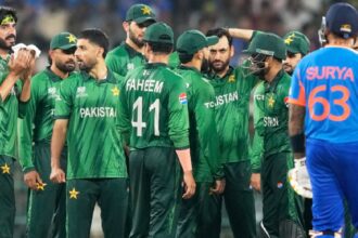 Pakistan's players wait for the third umpire's decision for the wicket of India's captain Suryakumar Yadav, right, during the T20 World Cup cricket match between India and Pakistan in Colombo, Sri Lanka. (AP Photo)
