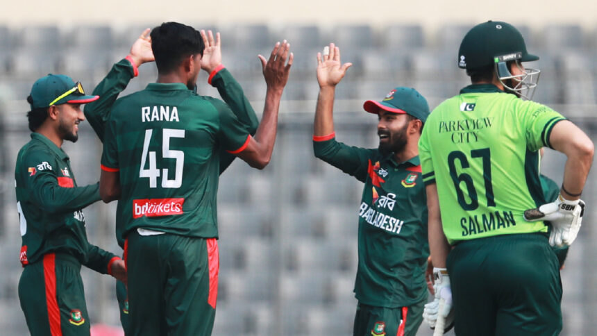 Bangladesh's Nahid Rana, centre, celebrates with teammates the wicket of Pakistan's Mohammad Rizwan during the first one day international cricket match between Bangladesh and Pakistan in Mirpur, Bangladesh, Wednesday, March 11, 2026. (AP Photo)