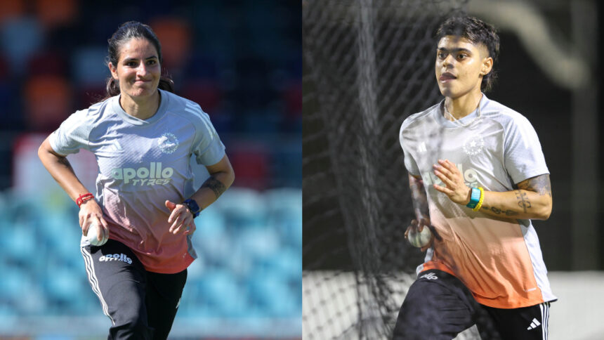 Renuka Singh Thakur (L) was ruled out of day-night Test vs Australia as Kashvee Gautam named her replacement. (PHOTO: CREIMAS FOR BCCI)