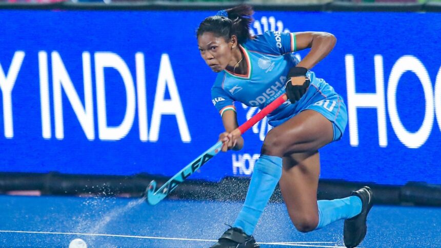 In midifield, captain Salima is joined by Neha, Sunelita Toppo, Sakshi Rana, Vaishnavi Vitthal Phalke, Rutaja Dadaso Pisal, and Deepika Soreng. (Hockey India Photo)