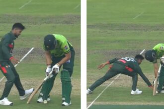 The controversial run out incident involving Bangladesh's Mehidy Hasan Miraz and Pakistan's Salman Ali Agha during the 2nd BAN vs PAK ODI. (Screengrab via Fan Code)